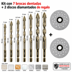 Kit Con 7 Brocas Dentadas Multifuncionales
+ 2 Discos Diamantados de Regalo