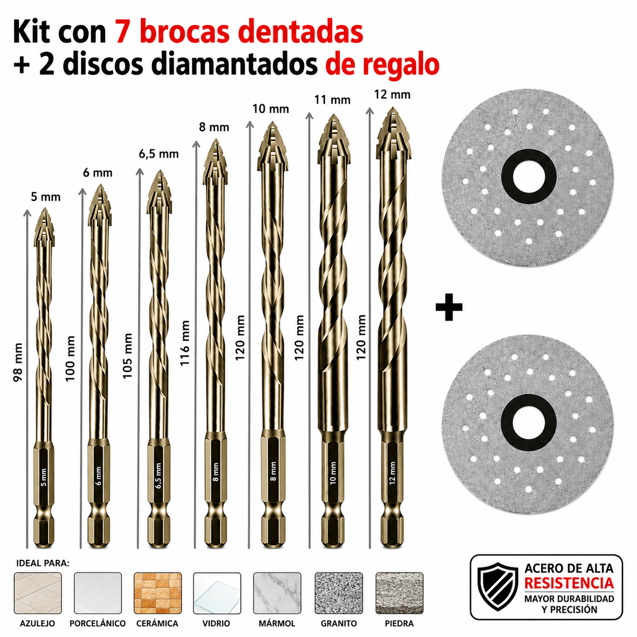 Kit Con 7 Brocas Dentadas Multifuncionales
+ 2 Discos Diamantados de Regalo
