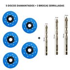 5 Discos Diamantados Ultrafinos para Cortar Múltiples Materiales + Kit de 3 Brocas Serrilladas