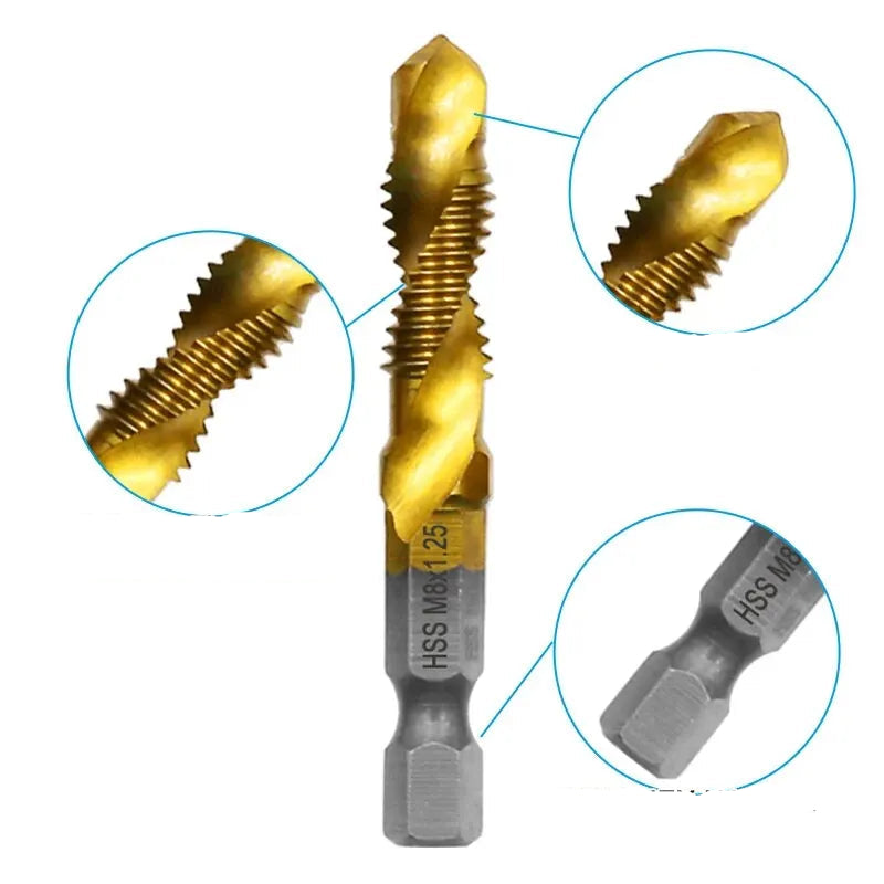 Kit de 6 Brocas Machuelo 3 en 1 Titanio