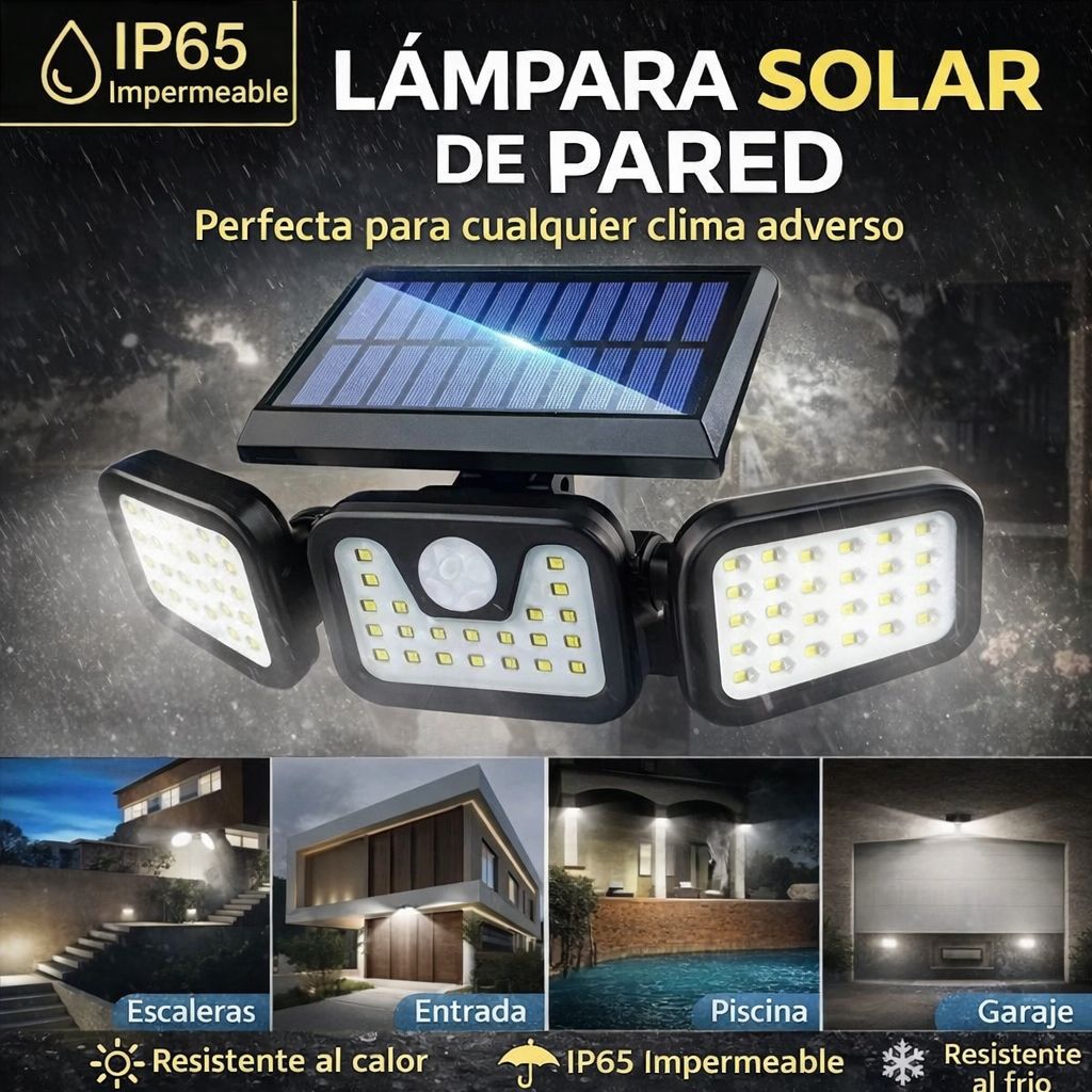 Reflector Solar de 3 Lámparas con Sensor de Movimiento